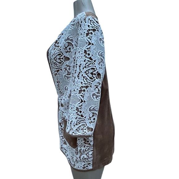 New Chico's Blazer Women's Size 0 (S) Brown & Cream Lace Open Front Suit Jacket - Picture 6 of 11